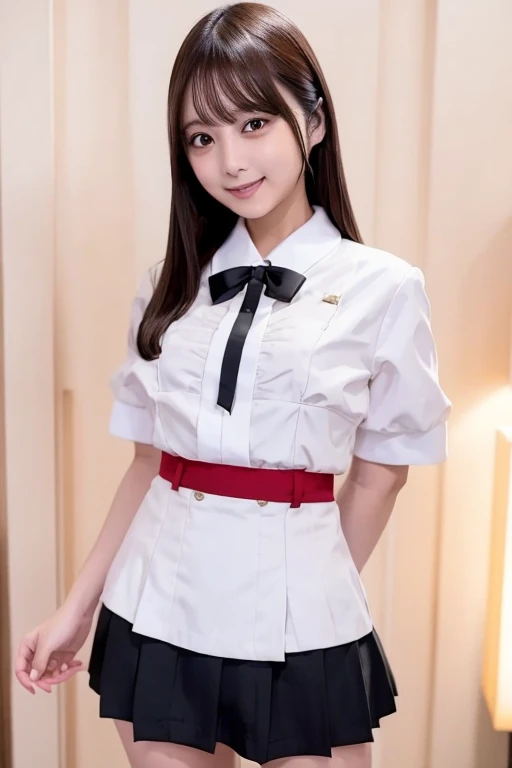 Gravure idol pose　Hotel　uniform　White clothes　high resolution　Not too small bust　Black Mini Skirt　Skirts should be shortened