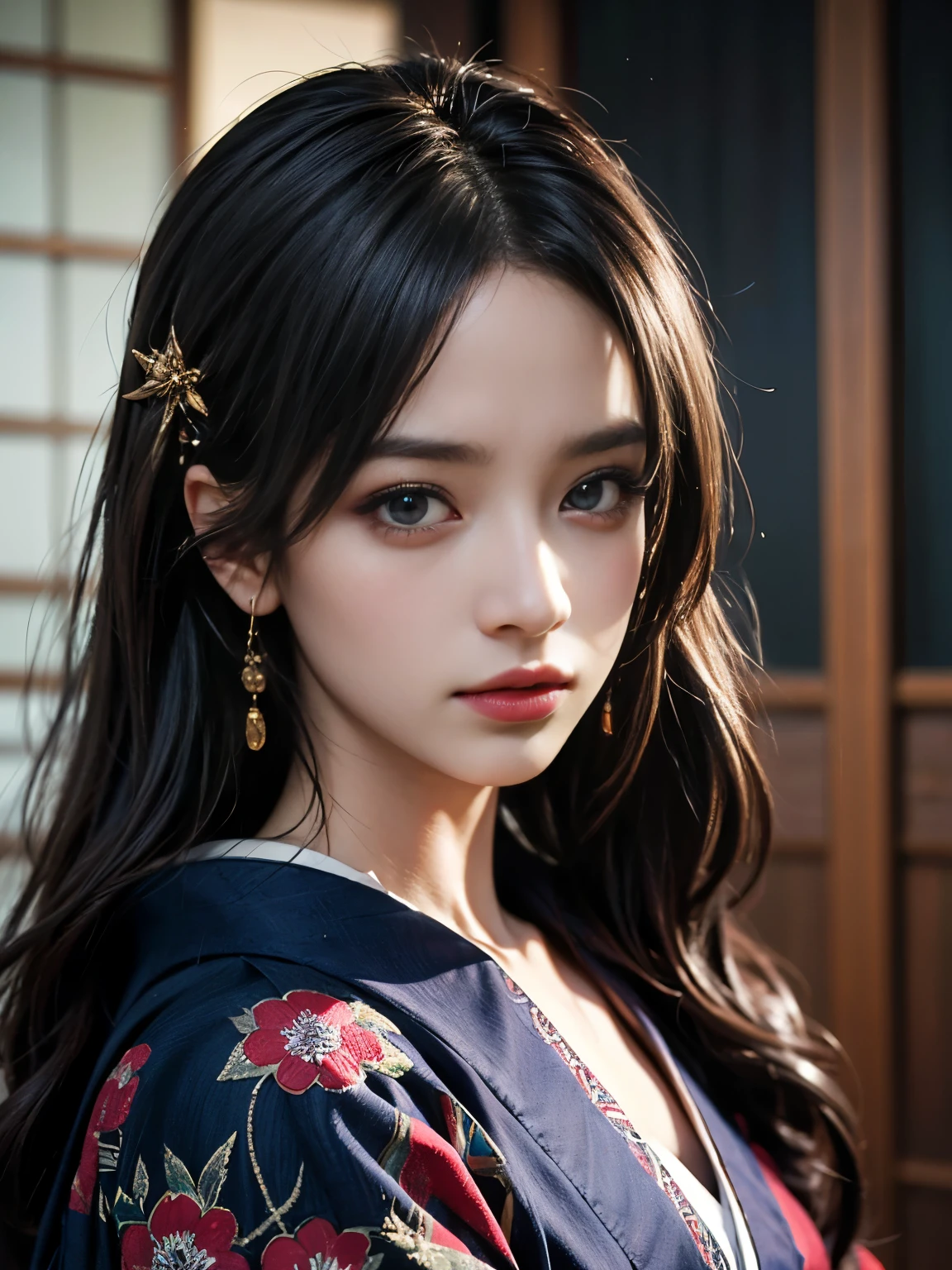 Japanese style、One girl、Princess、Confused、Worried look、long flowing hair、Beautiful and detailed eyes、Beautiful and detailed lips、Beautiful hair ornament、Traditional Japanese Kimono、Intricate details、Dramatic lighting、Cinematic、Fantasy、Digital Art、Extremely detailed、8k、masterpiece、Photorealistic、Dramatic colors、Cinematic照明