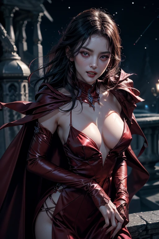 Beautiful female vampire、1 girl、((Delicate face、Detailed eyes and face、double eyelid、Glossy lips))、Dark brown updo、(Vampire Fangs:1.2)、Vampire Clothing、Cape、Highly detailed costume、Sharp Eyes、(Dripping Blood、I want blood:1.1)、Mature adult woman、Slim Waist、Sharp long legs、((8K,highest quality, masterpiece、Ultra-high resolution))、Portrait, High-definition skin texture、night、Starry Sky、Aurora、Realistic、Official Art、Ultra-realistic、Dramatic lighting