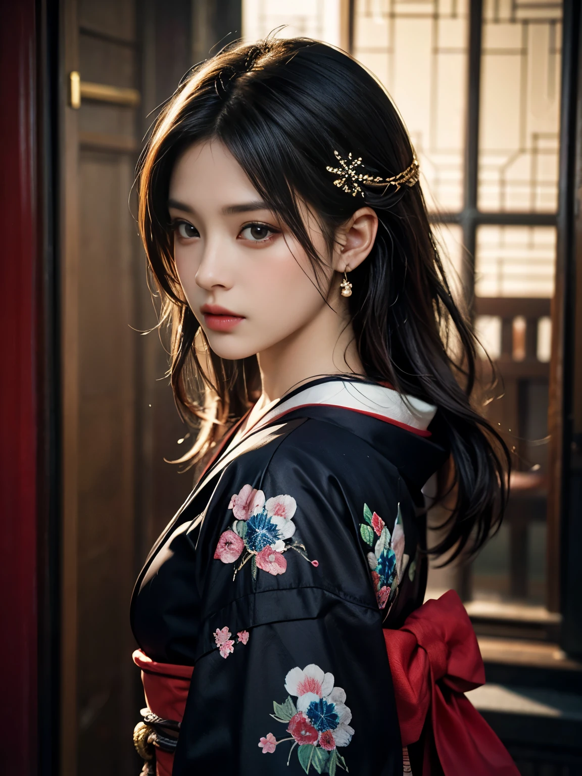 Japanese style、One girl、Princess、Confused、Worried look、long flowing hair、Beautiful and detailed eyes、Beautiful and detailed lips、Beautiful hair ornament、Traditional Japanese Kimono、Intricate details、Dramatic lighting、Cinematic、Fantasy、Digital Art、Extremely detailed、8k、masterpiece、Photorealistic、Dramatic colors、Cinematic照明