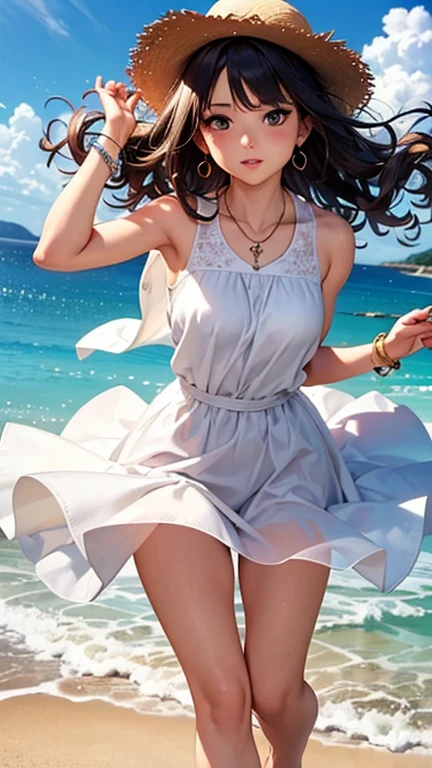 A girl is posing for a photo, cute女の子, Enchanting girl, Anime Girls,
(((One Girl, Baby Face, cute, 16 years old))),
(White sleeveless dress:1.4)、(barefoot), ((Straw hat)), Earrings、necklace、bracelet、anklet、
BREAK
(Beautiful Hair, Shiny Hair, Shiny Hair), ((Black Hair、Hair blowing in the wind、Wavy Hair、Curly hair、Natural curls)),
(Expression of fine eyes, Beautiful and delicate eyes, Sparkling eyes, Eye Reflexes, black eye, Slanted Eyes),
double eyelid, Long eyelashes,
(Beautiful Nose,Thin Nose),
(Glossy lips, Beautiful Lips, Thick lips),
(Symmetrical facial features, Perfect Face),
break
(LOL),
(noon、(beach、Entering the sea)), ((Dynamic Pose、Spread your hands to the left and right、Cowboy Shot、Full Body))
break
(((highest quality)), ((masterpiece)), (Very detailed), (High resolution), (Beautiful sparkle), (High detail), (Anatomically correct)), ((Realistic)),
(The best CG), Highly detailed art, CG illustration, (16k, 1080p), Oil paints, ((Line art)),