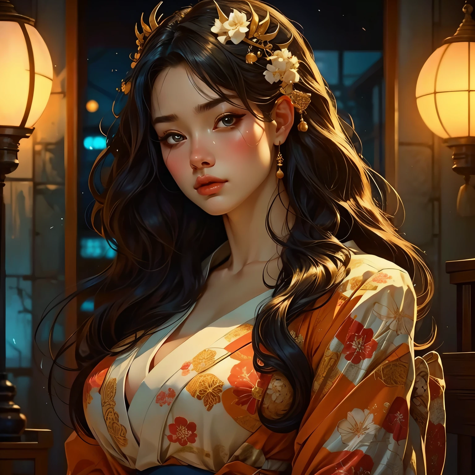 Japanese style、One girl、Princess、Confused、Worried look、long flowing hair、Beautiful and detailed eyes、Beautiful and detailed lips、Beautiful hair ornament、Traditional Japanese Kimono、Intricate details、Dramatic lighting、Cinematic、Fantasy、Digital Art、Extremely detailed、8k、masterpiece、Photorealistic、Dramatic colors、Cinematic照明