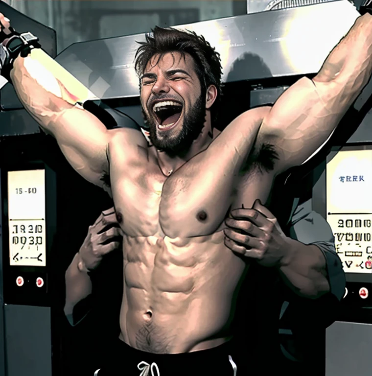  handsome shirtless muscular man with a brown beard laughing hands above head armpit grab, armpits tickled, machine  hands all over body, asylum room background 