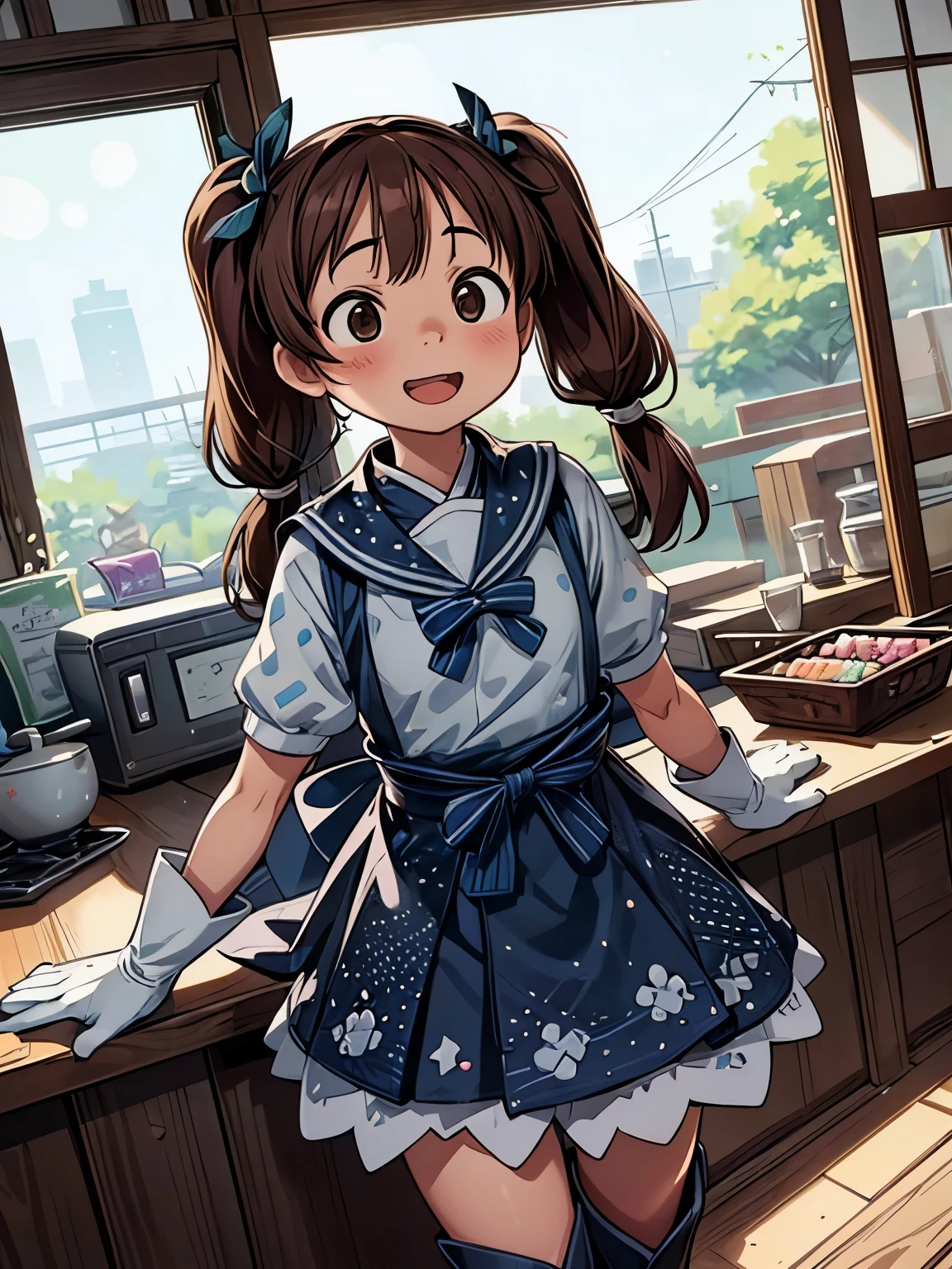 (masterpiece、highest quality、highest quality、Official Art、Beautiful and beautiful:1.2)、(One girl:1.3)Hatsune Miku、Twin tails,Big Breasts,(cute:1.5),(Little:0.5),(cute:2.0),(upon:2.0),(7-year-old girl),(alone:1.65),break, (Flat Chest:1.2,), Transparent muscle, Beautiful Skin, shy, Beautiful girl,Huge boobs(Hair Ribbon, Reddish brown hair, Twin tails:1.2), (Brown eyes, Long eyelashes, double eyelids: 1.2), Shiny skin, break, star \(symbol\, (gloves, 白いgloves:1.3), (bug, dress,Polka dots:1.3) , View Viewer,(Knee-high boots:1.2),break,from the front, dynamic Angle,Outdoor,(Happy,:d,An angelic smile,Jumping,目はstarです:1.3),break,(indoor,Confectionery shop,Japanese Buildings,Merchandise Shed,棚uponのキャンディー,over the counter,Elderly woman sitting at counter,Sliding glass door:1.2),(I have hands full of candy,standing,Jumping:1.3),break,Wakame seaweed,Wakame seaweed,Wakame seaweed,(Very detailedな CG Unity 8k 壁紙),(highest quality, Very detailed, colorful, Highest detail),(Super detail),(Best illustrations),(Best Shadow),throw,Realistic lighting and shading,Natural light,Lens flare effect,Absurd,The absolute solution,unbelievably ridiculous,High resolution,Ultra-detailed,Official Art,Unity 8k,Kinetic Typography BREAK