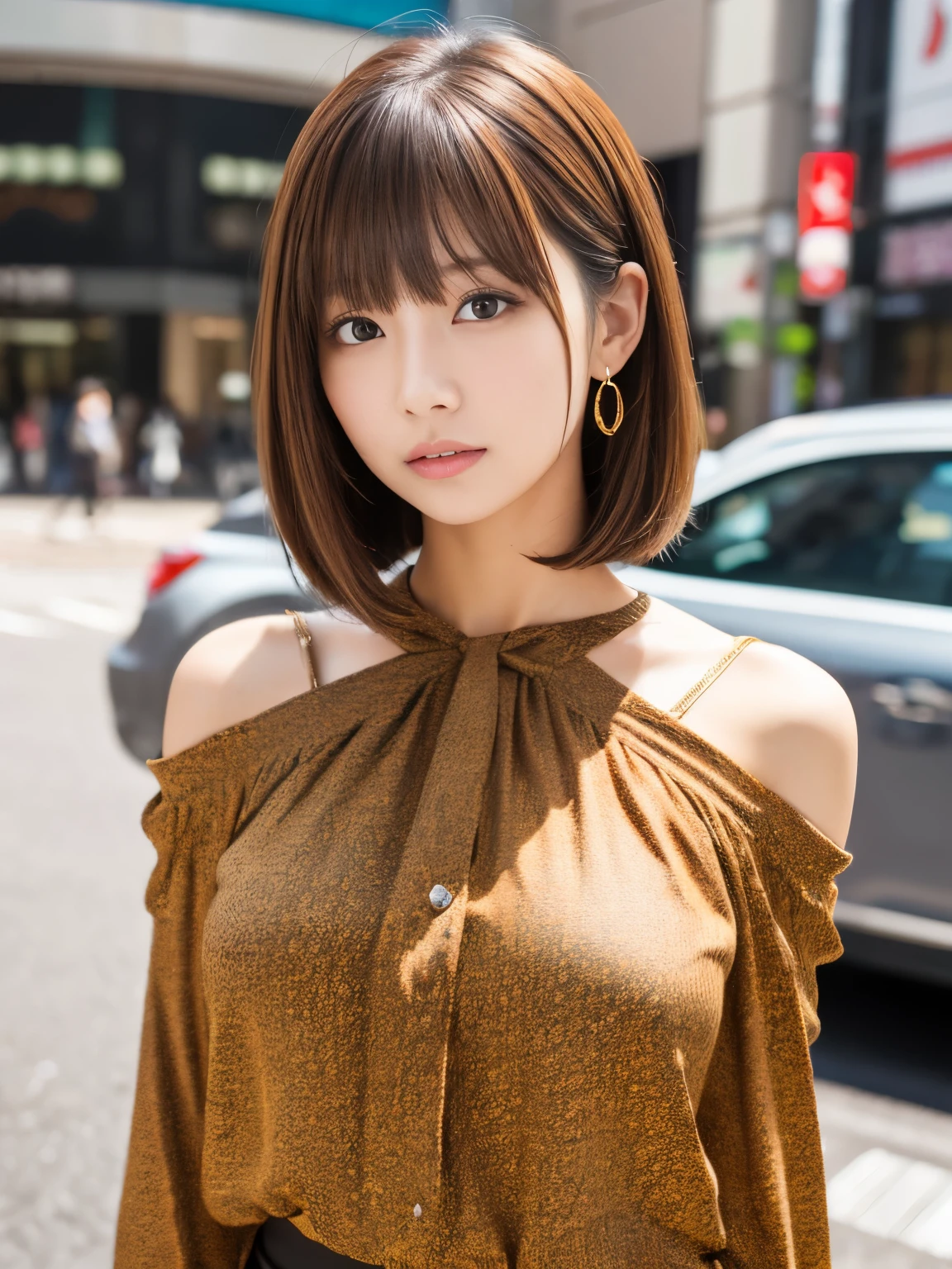 Ultra High Definition, Superior Quality, Premier Quality, ultra detailed, Photorealistic, 8k, RAW Photos, highest quality, masterpiece, Attractive girl, Stunning girl, Brown Hair, Shoulder Length Layered, asymmetrical bangs, Japanese Idol, Sophisticated, Stylish, embarrassed, blouse, Shibuya, 