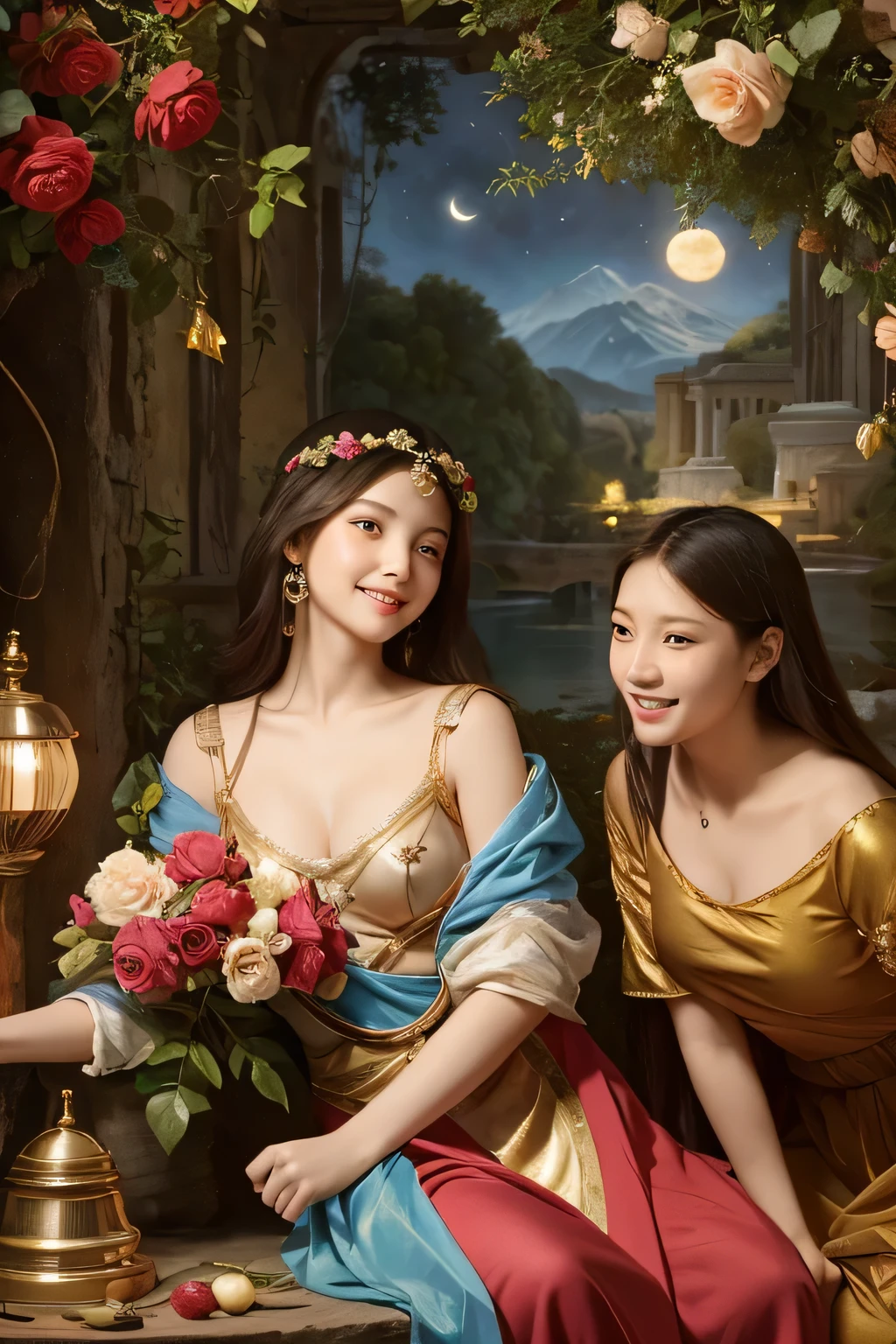 Giorgione painting style,Arguments of two female Philosophe,math、astronomical machine、astronaut、roses in vase、fruits、Cute trinkets、smile、ancient greek costume、Background is a forest lake at night 、Clothes that stretch your shoulders、A big smile、beautiful bare skin、A detailed representation of the seducing woman throughout her body.
