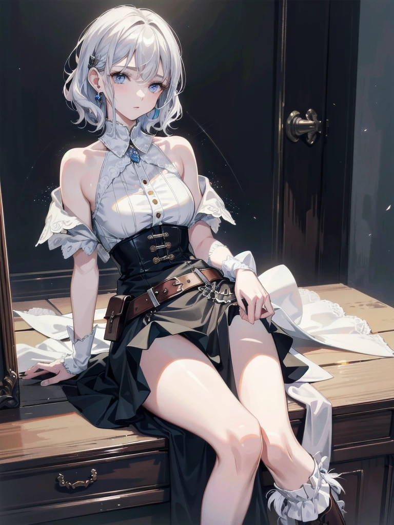 absurdres, RAW photo, extremely delicate and beautiful, masterpiece, Best Quality, ultra high resolution, 32k, hyperrealistic, ultra-detailed, detailed description, pale skin, 20 years old, detailed beautiful face and eyes, tearful mole, earring, short medium hair, wavy hair, whole body shot, cowgirl outfit, holster,
