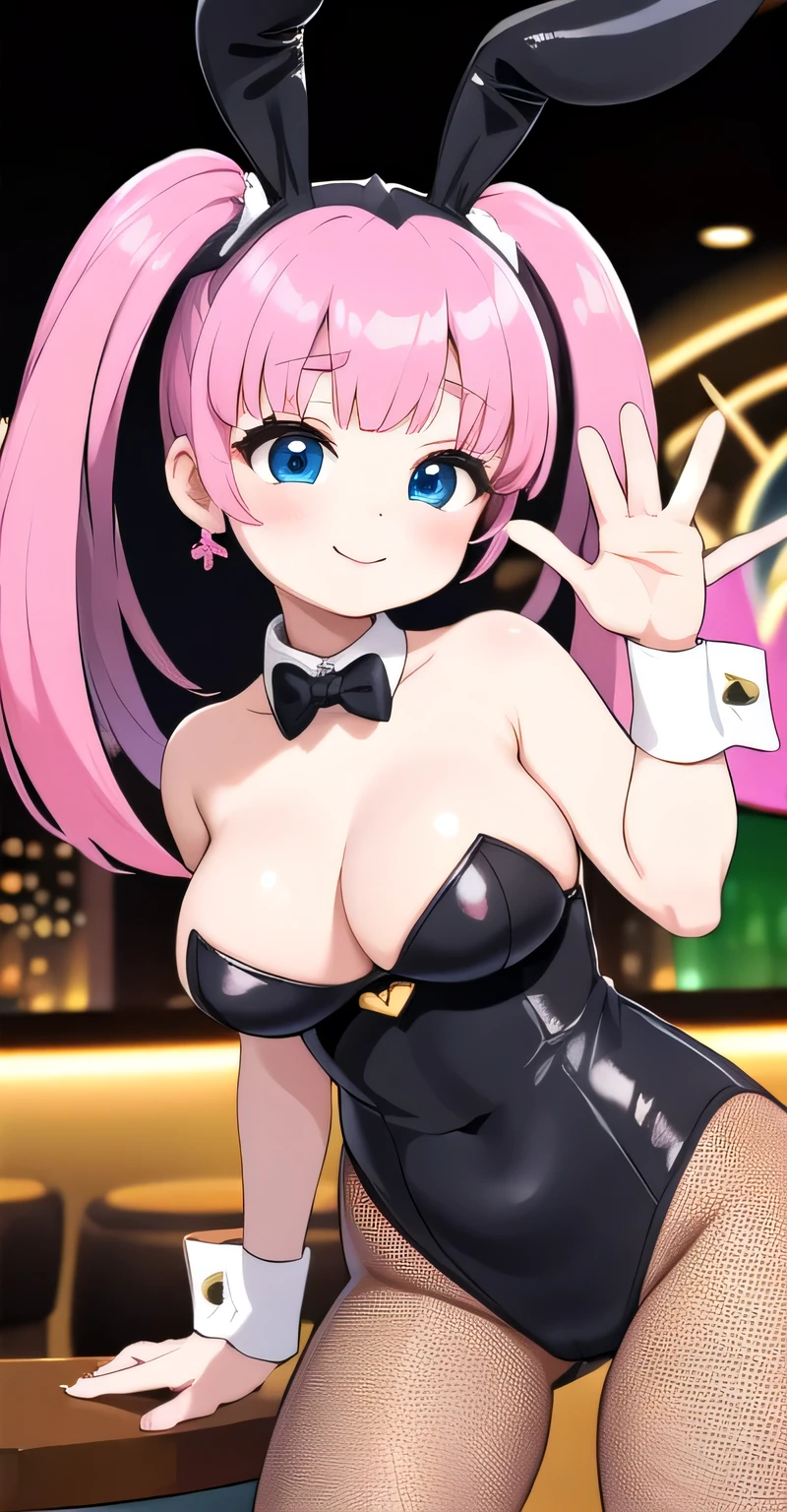 (masterpiece、highest quality、Ultra-detailed)、((1 girl))、((Pink hair twintails))、Bright Blue Eyes、Wicked Smile、Earrings、((Very large breasts))、(Black Playboy Bunny)、Shiny、Fishnet tights、Cowboy Shot、Casino Background Nipples sticking out