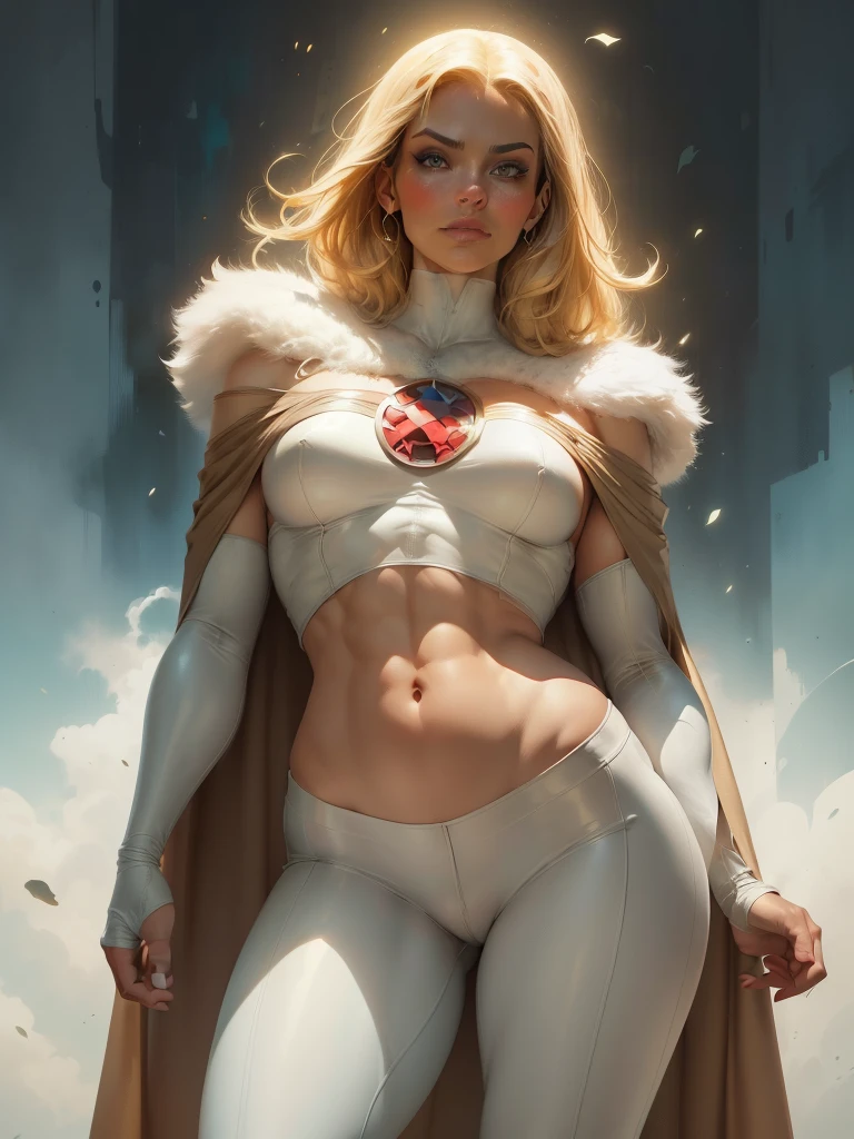 Cinematic. (((A comic style, cartoon art))). Emma Frost Posing for photo (((in epic heroic pose))) , wearing his iconic X-Men uniform, Showing the belly,  , ((Wearing white pants and cape)) . (((Hot Body, camel toes))). ((((Abstract Comic background )))) , vivid colors, detailed, detailed face, realistic shadows and bright, glowing.