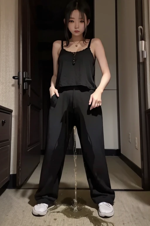 Japanese Girl sees the ghost and pees her black palazzo pants until her pants are wet in fright.