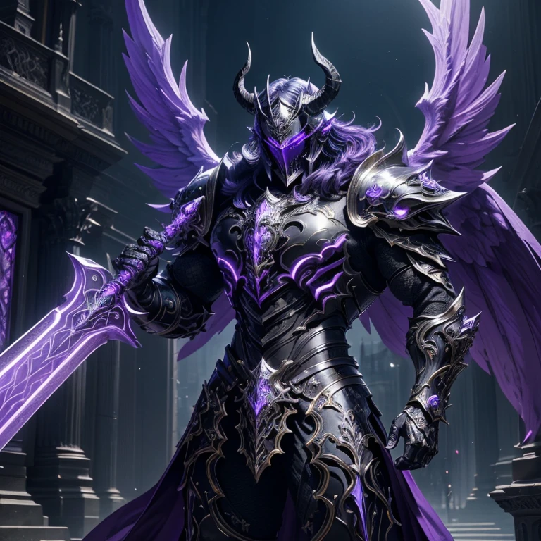 master piece, best quality, 4k, (master piece:1.5), (best quality:1.5), 8k,wallpaper, Full Body, ethereal lighting, sharp focus, A Muscular male dark fantasy knight wearing an intricate elaborated baroque black armor with purple ornaments, purple glowing lines accents, big horns in helmet, holding a purple greatsword, statue of an angel behind, city hall background