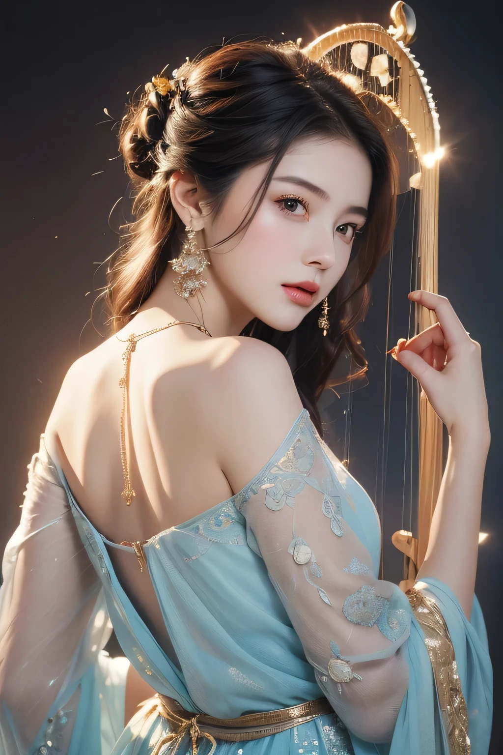 High-quality work,Realistic works,Super premium graphics,8K HD CG works,high quality graphics,High-definition and exquisite CG works,10x pixels,Ultra-fine details:1.1,Advanced technical details:1.1Realistic photo effects,Interior lighting effects:1.5,natural soft light:1.5. Light effect(Virtual light effects:1.8),Ultra-high resolution,shining dress,sliver long hair,silber hair,transparenthair,high detailed hair(Quality hair details:1.1)Clear eyes,Double eyelids look good,Sharp eye makeup, Create exquisite eyelash makeup, tthin eyebrows, Ultra-detailed eyes,a tall nose, lovely red lips, rosey cheeks, With delicate makeup on her face , pretty face, The face shape is perfectly proportioned,(Advanced facial details:1.1) (Extremely meticulous CG),(((8k))),wallpaper,((Extremely refined and beautiful)),(((Masterpiece))),(((best qualtiy))),(((Ultra High Resolution))),beautiful light up,Perfect lightning,realistic shaded,(Smooth and flawless fair skin:1.5),Extremely exquisite facial details,(ultra-detailed:1.5),((a beautiful girl)),(singer:1.2),(medium wavy purple hair:1.2),(small head:1.2),(slender face:1.2),(Exquisite makeup:1.3),(earrings:1.2),(necklace:1.2),(happy:1.2),(laughing:1.2),(perfect body:1.1),(gorgeous Golden embroidered one-shoulder blue Indian gauze dress:1.3),(lace gloves:1.2),(small breasts:1.2),(flat chests:1.2),((slim,thin)),(from back:1.3),(close-up of upper body:1.3),(standing:1.3),(On the cliff by the seaside:1.3),(outdoor:1.2),dark clouds,light shining,(beside the harp:1.3),dynamic lines,notes flying,notes as radiance,confident gaze,elegant posture,mysterious atmosphere,solemn mood,beam of light,deep blue sky,dawn approaching,detailed decorations,(different colors for harp strings:1.2) ,Women's artwork,Dress full body video,Reality,Amazing Cleavage,My eyes are very bright today