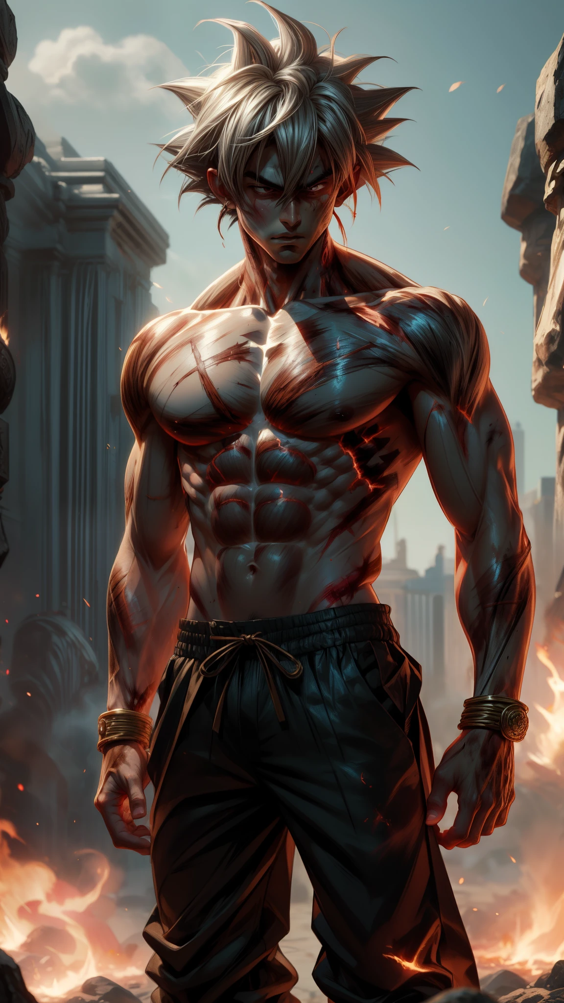 son Goku, Long white hair, topless with a large burn scar in the middle of his chest, wearing a large bronze bracelet, dark pants, bruise on body, ear wear