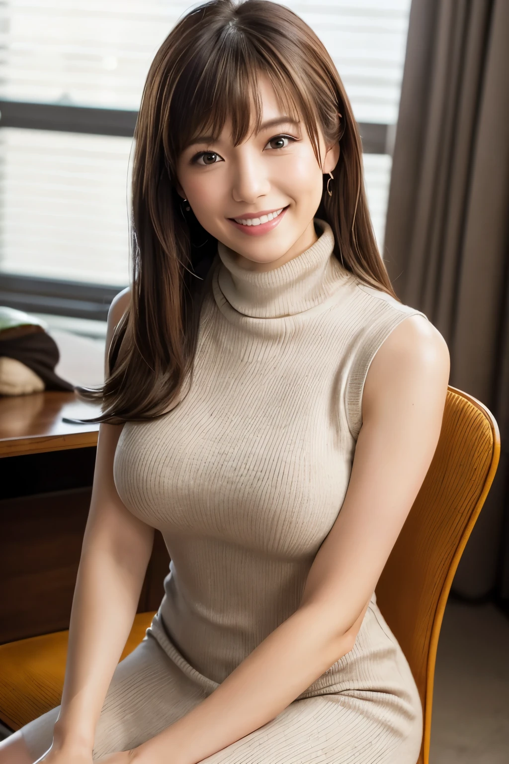 japanese, solo, huge breasts, brown hair, bangs, smile, (natural make:1.2), dynamic angle, high res, (photo realistic:1.2), (highly detailed:1.1), desk, (wearing a sleeveless turtle neck knit dress:1.3), office chair, smile,(computer) ,detail brassiere, delicate background, bokeh, professional lighting, physically-based rendering, (cowboy shot), rub the bust,