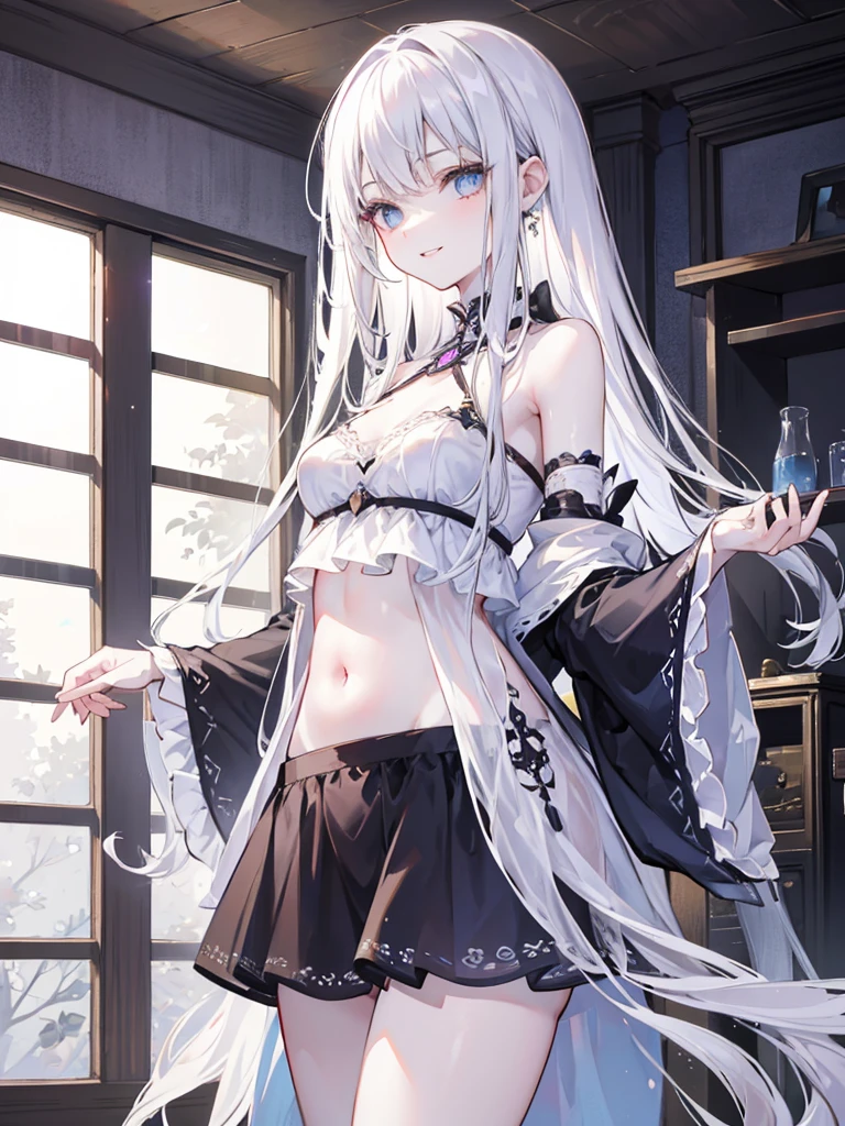 On the table, best quality, (Perfect face:1.1), (High Detail:1.1), (Ultra-fine eyes), Dramatic,  Ultra-detailed illustrations, Very detailed, 1 Girl, (Pale skin), Long white hair, Ethereal eyes, (light frow), ((Lovely smile)), Solitary, long hair, Pursed lips, A proud expression, movie lighting, looking at the audience, Cowboy shooting, from the side,Room,bedhead,window,night,Navel
