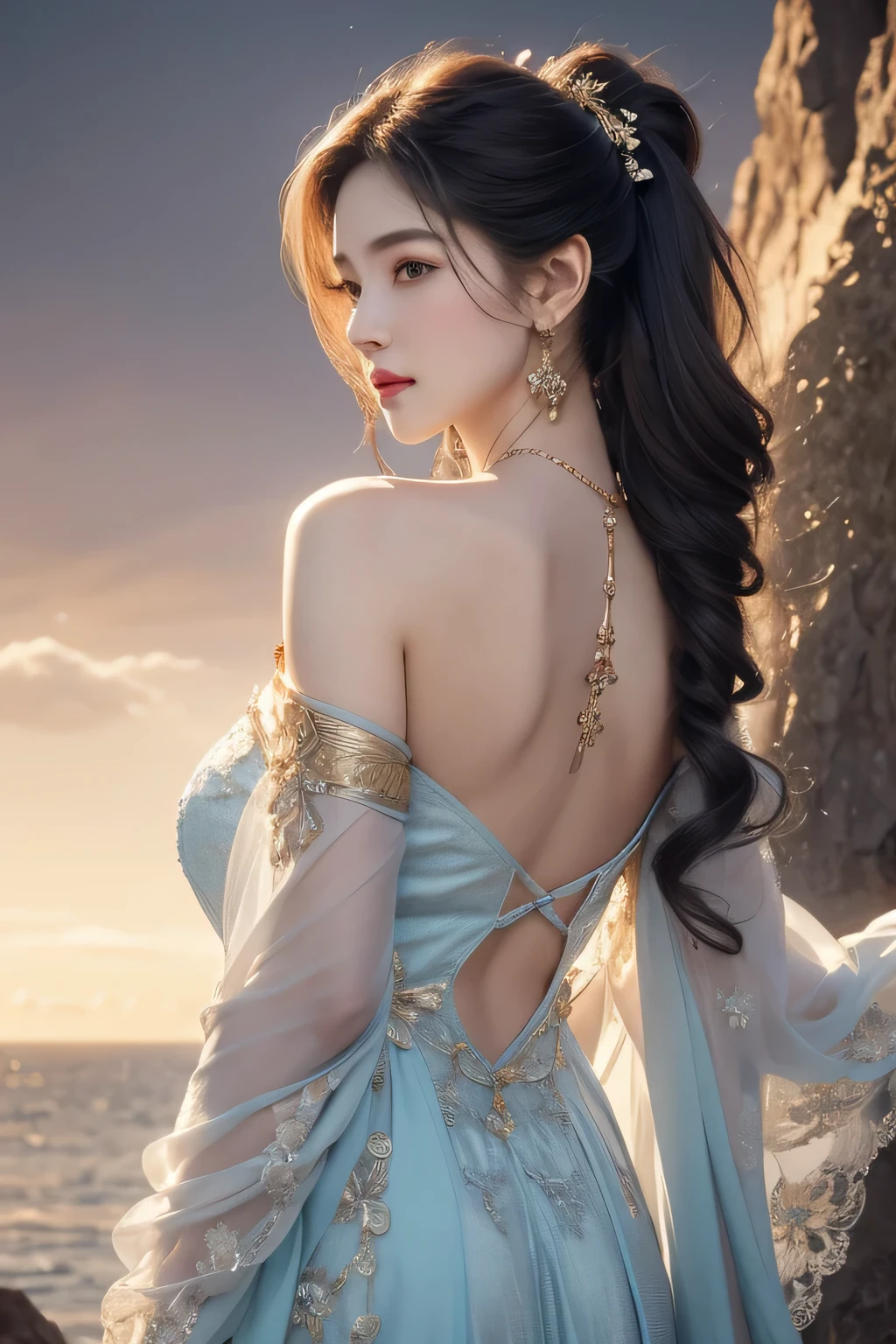 High-quality work,Realistic works,Super premium graphics,8K HD CG works,high quality graphics,High-definition and exquisite CG works,10x pixels,Ultra-fine details:1.1,Advanced technical details:1.1Realistic photo effects,Interior lighting effects:1.5,natural soft light:1.5. Light effect(Virtual light effects:1.8),Ultra-high resolution,shining dress,sliver long hair,silber hair,transparenthair,high detailed hair(Quality hair details:1.1)Clear eyes,Double eyelids look good,Sharp eye makeup, Create exquisite eyelash makeup, tthin eyebrows, Ultra-detailed eyes,a tall nose, lovely red lips, rosey cheeks, With delicate makeup on her face , pretty face, The face shape is perfectly proportioned,(Advanced facial details:1.1) (Extremely meticulous CG),(((8k))),wallpaper,((Extremely refined and beautiful)),(((Masterpiece))),(((best qualtiy))),(((Ultra High Resolution))),beautiful light up,Perfect lightning,realistic shaded,(Smooth and flawless fair skin:1.5),Extremely exquisite facial details,(ultra-detailed:1.5),((a beautiful girl)),(singer:1.2),(medium wavy purple hair:1.2),(small head:1.2),(slender face:1.2),(Exquisite makeup:1.3),(earrings:1.2),(necklace:1.2),(happy:1.2),(laughing:1.2),(perfect body:1.1),(gorgeous Golden embroidered one-shoulder blue Indian gauze dress:1.3),(lace gloves:1.2),(small breasts:1.2),(flat chests:1.2),((slim,thin)),(from back:1.3),(close-up of upper body:1.3),(standing:1.3),(On the cliff by the seaside:1.3),(outdoor:1.2),dark clouds,light shining,(beside the harp:1.3),dynamic lines,notes flying,notes as radiance,confident gaze,elegant posture,mysterious atmosphere,solemn mood,beam of light,deep blue sky,dawn approaching,detailed decorations,(different colors for harp strings:1.2) ,Women's artwork,Dress full body video,Reality,Amazing Cleavage,My eyes are very bright today