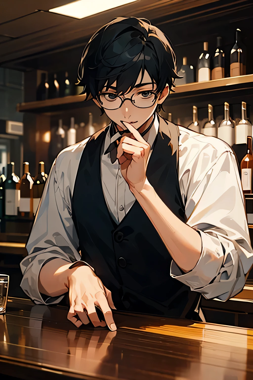Boy with glasses、Black Hair、bartender、tobacco
