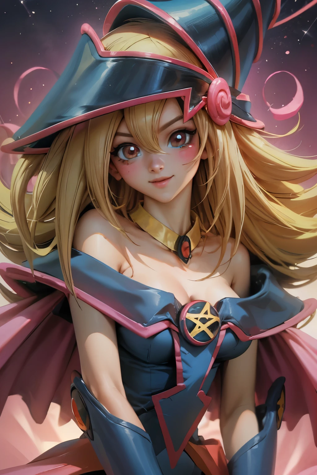 Crea el hermoso rostro de dark magician gils. Ojos azules. Labios rosados. Tes blanca. Cabello rubio. girl smile. Hombros destapados. Collar en el cuello. Rostro de dark magician gils