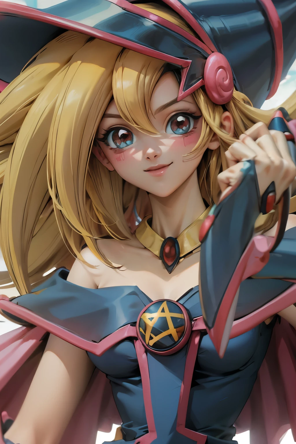 Crea el hermoso rostro de dark magician gils. Ojos azules. Labios rosados. Tes blanca. Cabello rubio. girl smile. Hombros destapados. Collar en el cuello. Rostro de dark magician gils