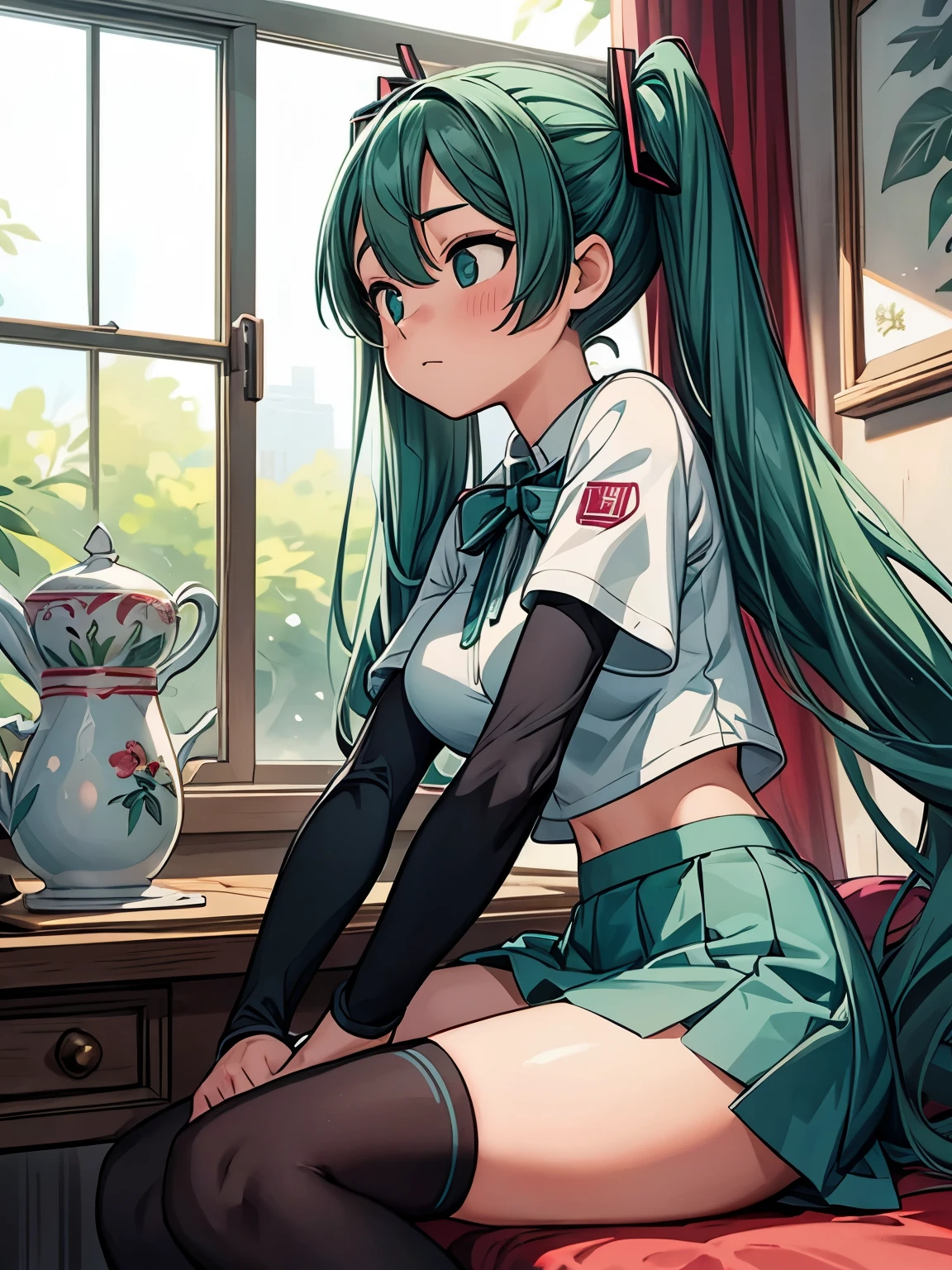 (masterpiece、highest quality、highest quality、Official Art、Beautiful and beautiful:1.2)、(One girl:1.3)Hatsune Miku、Twin tails,Big Breasts,(masterpiece, highest quality:1.2),figure,8k,High resolution,One girl,alone,Green Hair,Hair above the eyes,ribbon,Team Rocket,Team Rocket uniform,White Skirt,Red letter R,Crop top,Black thigh-high socks,Black elbow gloves