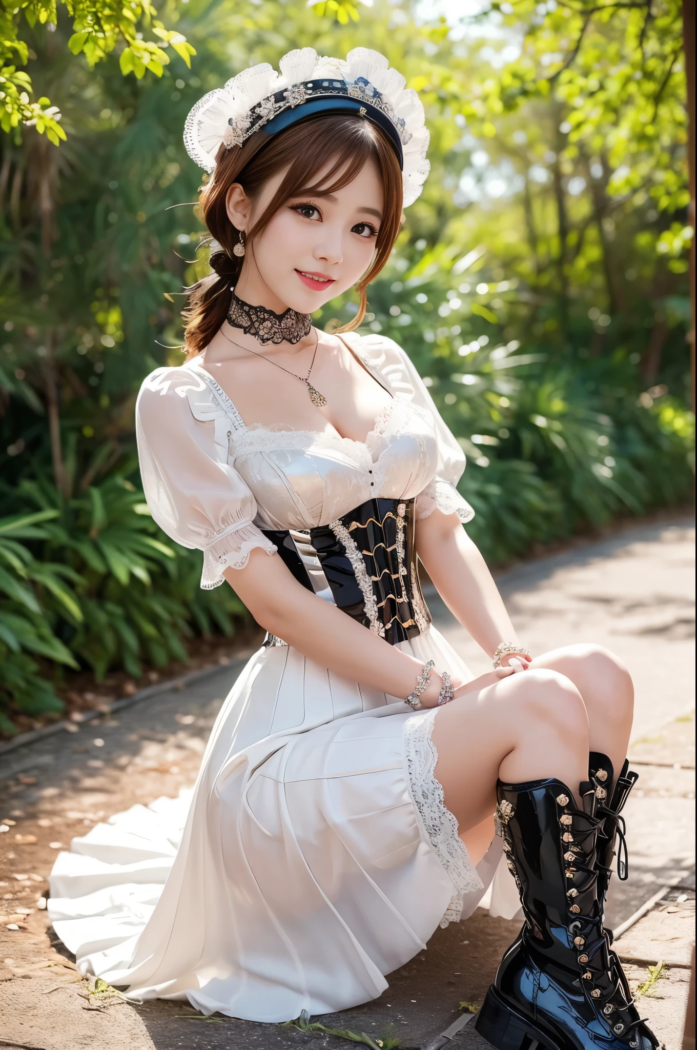 (nsfw), sexy stylish Thai model, only 1 female, ((doll-like appearance)), short Auburn stylish hair, ((shiny Victorian-Style boots)), (big smile), ultra detailed eyes, vivid eye makeup, lipgloss, long lashes, defined eyebrows, ((sexy Paradise Kiss cosplay)), bell-shaped skirt, petticoats, high neckline, puffed sleeves, ((ultra detailed lace)), ((ultra detailed embroidery)), intricate details, Paradise Kiss accessoires and matching headpiece, choker, ((large sparkling Paradise Kiss jewelry)), cinematic light, detailed large park background with trees