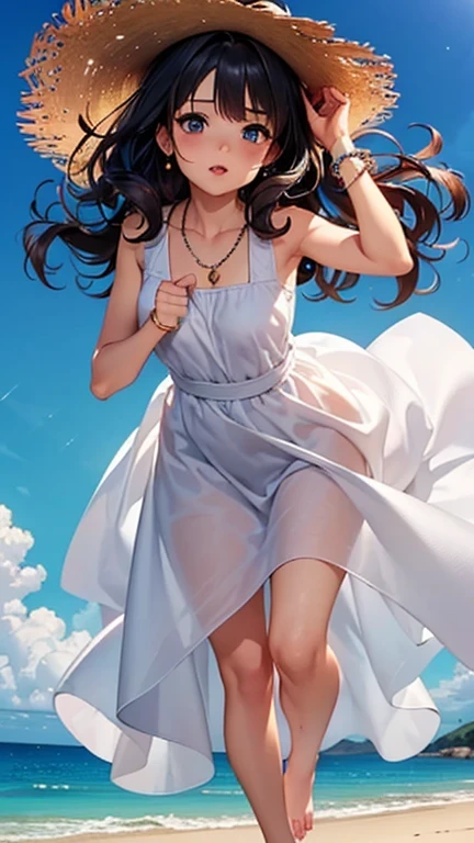 A girl is posing for a photo, cute女の子, Enchanting girl, Anime Girls,
(((One Girl, Baby Face, cute, 16 years old))),
(White sleeveless dress:1.4)、(barefoot), ((Straw hat)), Earrings、necklace、bracelet、anklet、
BREAK
(Beautiful Hair, Shiny Hair, Shiny Hair), ((Black Hair、Hair blowing in the wind、Wavy Hair、Curly hair、Natural curls)),
(Expression of fine eyes, Beautiful and delicate eyes, Sparkling eyes, Eye Reflexes, black eye, Slanted Eyes),
double eyelid, Long eyelashes,
(Beautiful Nose,Thin Nose),
(Glossy lips, Beautiful Lips, Thick lips),
(Symmetrical facial features, Perfect Face),
break
(LOL),
(noon、(beach、Entering the sea)), ((Dynamic Pose、Spread your hands to the left and right、Cowboy Shot、Full Body))
break
(((highest quality)), ((masterpiece)), (Very detailed), (High resolution), (Beautiful sparkle), (High detail), (Anatomically correct)), ((Realistic)),
(The best CG), Highly detailed art, CG illustration, (16k, 1080p), Oil paints, ((Line art)),