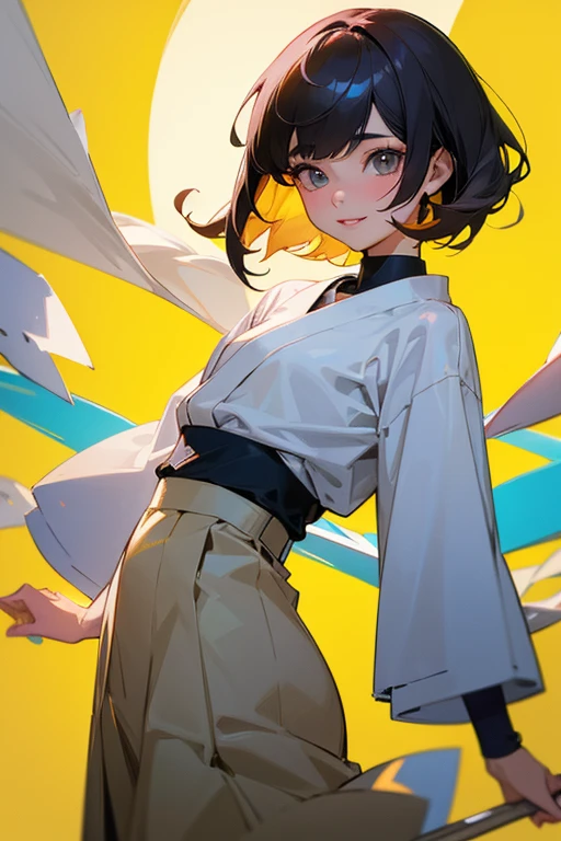 Beautiful Japanese Woman, Soft skin and a nice perfect face, A small face with a nose and rosy lips, Beautiful Eyes, Beautiful smile. black, Surrounded by a bright, ethereal glow、Thin, long, beautiful hair. A loose, medium hairstyle with gradation highlights and grey layers, Navy band collar shirt x yellow houndstooth flare skirt, Bright neon colorful background, Hyperrealistic female photos, High quality high resolution 8K masterpiece