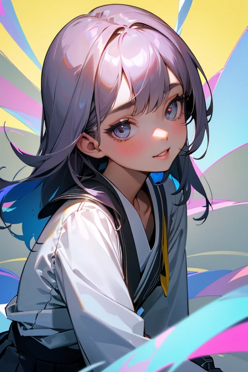Beautiful Japanese Woman, Soft skin and a nice perfect face, A small face with a nose and rosy lips, Beautiful Eyes, Beautiful smile. black, Surrounded by a bright, ethereal glow、Thin, long, beautiful hair. A loose, medium hairstyle with gradation highlights and grey layers, Navy band collar shirt x yellow houndstooth flare skirt, Bright neon colorful background, Hyperrealistic female photos, High quality high resolution 8K masterpiece
