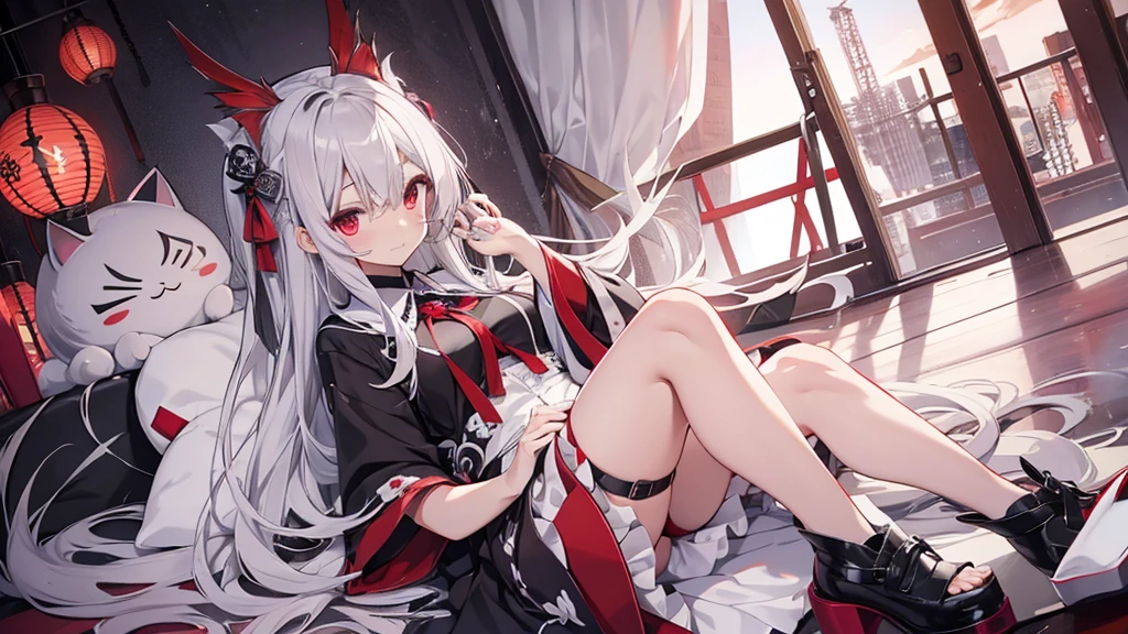 Highest quality I have long hair Gray Hair Konpaku Youmu Sagume Rare God Red eyes I don't have anything vampire Odd Eye kind Miko costume Cat ear Embarrassed Background Black Two people