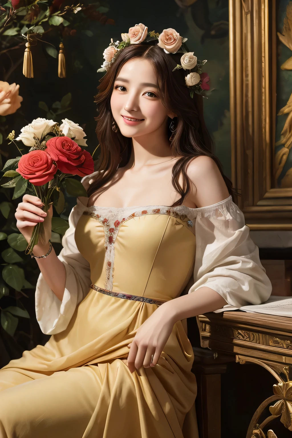 Giorgione painting style,Arguments of two female Philosophe,math、astronomical machine、astronaut、roses in vase、fruits、Cute trinkets、smile、ancient greek costume、Background is a forest lake at night 、Clothes that stretch your shoulders、A big smile、beautiful bare skin、A detailed representation of the seducing woman throughout her body.