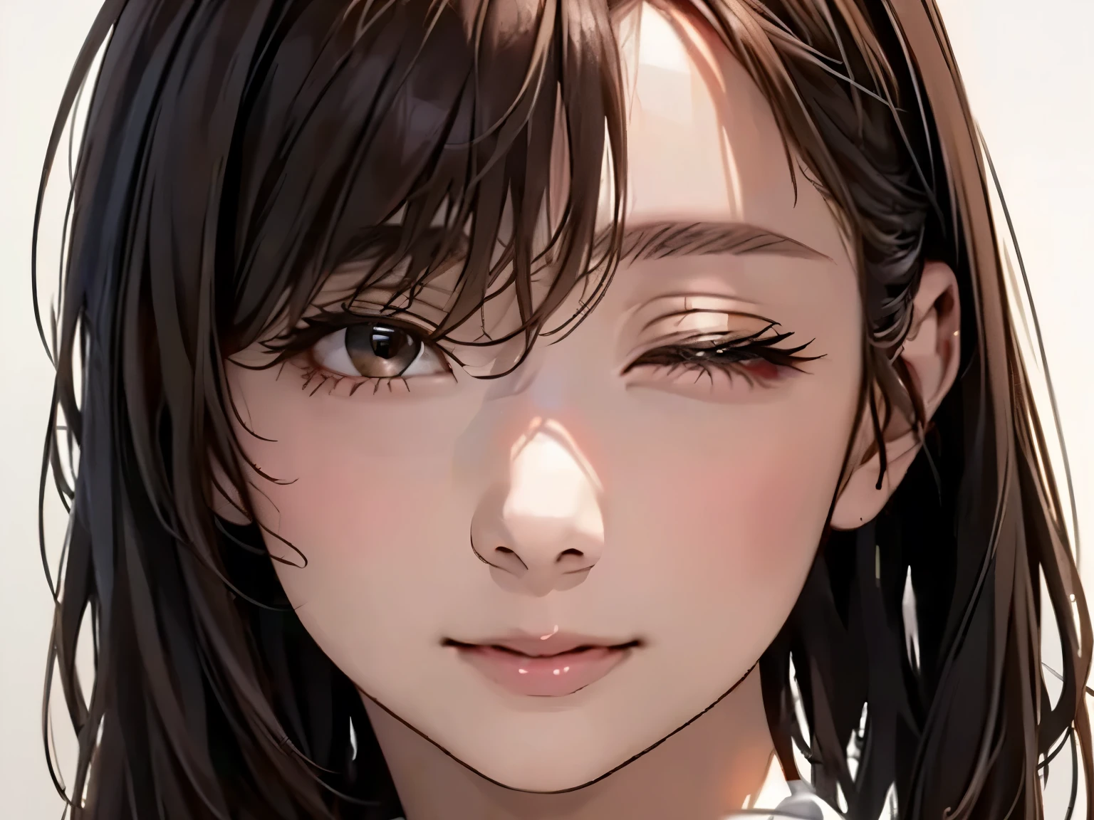 (highest quality、8k、32k、masterpiece)、(Realistic)、(Realistic:1.2)、(High resolution)、Very detailed、Very beautiful face、((Close ~ eyes))、kawaii, 1 girl、Round and small face、Tight waist、Delicate body、(close、highest quality、Attention to detail、Rich skin detail)、(highest quality、8k、Oil paints:1.2)、Very detailed、(Realistic、Realistic:1.37)、Bright colors、(((Brown Hair)))、(((Bust Shot)))、(((White wall background)))、((Casual Fashion))