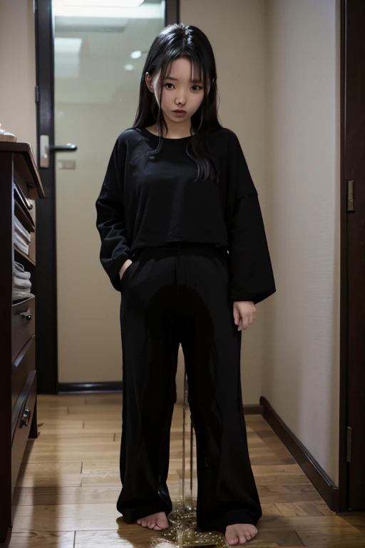 Japanese Girl sees the ghost and pees her black palazzo pants until her pants are wet in fright.