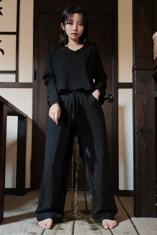 Japanese Girl sees the ghost and pees her black palazzo pants until her pants are wet in fright.