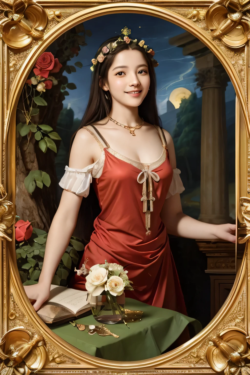 Giorgione painting style,Arguments of two female Philosophe,math、astronomical machine、astronaut、roses in vase、fruits、Cute trinkets、smile、ancient greek costume、Background is a forest lake at night 、Clothes that stretch your shoulders、A big smile、beautiful bare skin、A detailed representation of the seducing woman throughout her body.