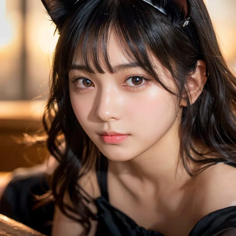(highest quality,masterpiece:1.3,Ultra-high resolution),(Very detailed,Caustics,8k),(Realistic:1.4,RAW shooting),18-year-old,Japanese,Troubled face,Looking at the camera,Shiny skin, Slender body, Good figure,Rembrandt Lighting, (Photorealistic:1.2), (highest quality), (Detailed skin:1.3), (Intricate details), Ray Tracing,One girl, In detail,real,Detailed skin texture, Black Hair, Long Hair,Cat ears headband, (Wavy Hair:1.2), (Blunt bangs:1.2), cute, Black Dress,(Face Focus:1.1),(Face close-up:1.1),(Low position::1.3),(Low Angle::1.3),Retro Cafe,Sunset