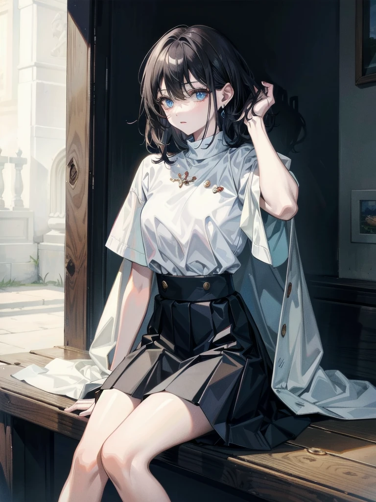 absurdres, RAW photo, extremely delicate and beautiful, masterpiece, Best Quality, ultra high resolution, 32k, hyperrealistic, ultra-detailed, detailed description, pale skin, 20 years old, detailed beautiful face and eyes, tearful mole, earring, short medium hair, wavy hair, whole body shot, big tits, tight skirt, cropped T-shirt, Leaning against wall, arms up behind, yuri, 2 girls,