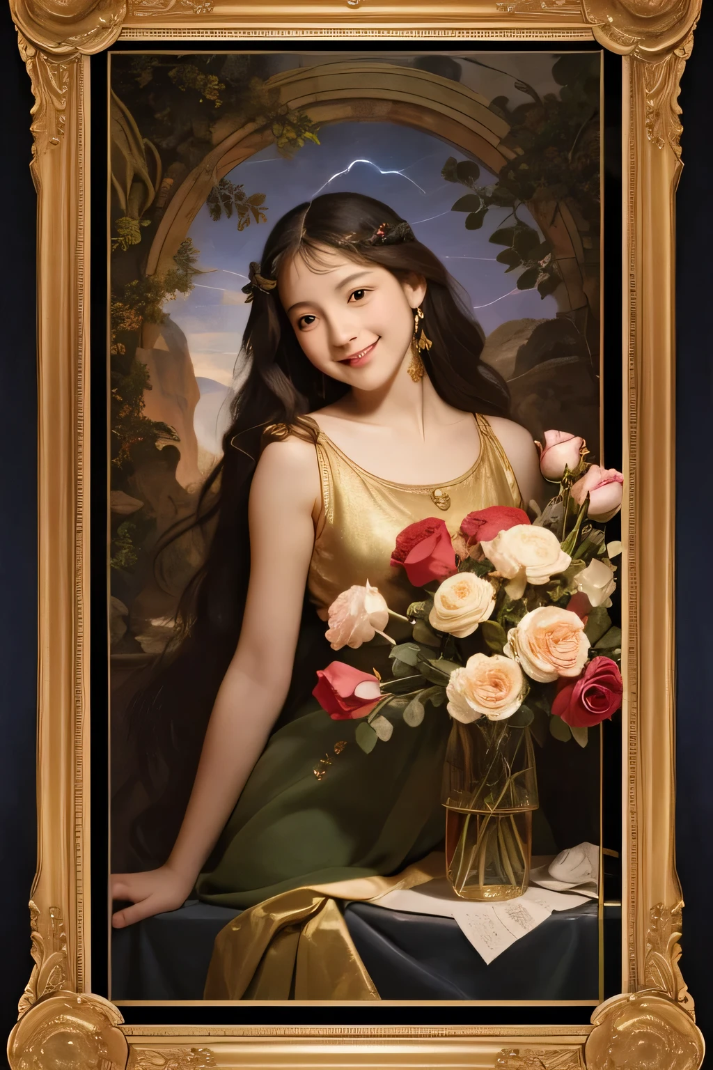Giorgione painting style,Arguments of two female Philosophe,math、astronomical machine、astronaut、roses in vase、fruits、Cute trinkets、smile、ancient greek costume、Background is a forest lake at night 、Clothes that stretch your shoulders、A big smile、beautiful bare skin、A detailed representation of the seducing woman throughout her body.