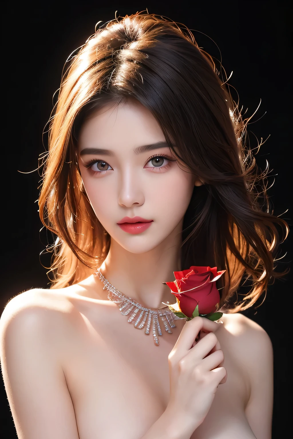 High-quality work，Realistic works，Super premium graphics，8K HD CG works，high quality graphics，High-definition and exquisite CG works，10x pixels，Ultra-fine details：1.1，Advanced technical details：1.1Realistic photo effects，Interior lighting effects：1.5，natural soft light：1.5. Light effect（Virtual light effects：1.8），Ultra-high resolution，shining dress，sliver long hair，silber hair，transparenthair，high detailed hair（Quality hair details：1.1）Clear  eyes，Double eyelids look good，Sharp eye makeup, Create exquisite eyelash makeup, tthin eyebrows, Ultra-detailed eyes，a tall nose, lovely red lips, rosey cheeks, With delicate makeup on her face , pretty  face, The face shape is perfectly proportioned,（Advanced facial details：1.1）     (highest quality、8K、best image quality、Award-winning work)、(one young girl, :1.3)、(red eyeshadow:1.2)、perfect makeup、long eyelashes、Super high-definition sparkling eyes、ultra high definition hair、ultra high resolution glossy lips、Super high resolution perfect teeth、Super high resolution cute face、brown hair、(very long straight hair:1.1)、look at me and smile、[clavicle]、accurate anatomy、(black background:1.5)、(((professional lighting:1.5)))、Super high-resolution glossy and moisturized face、Super high resolution glowing skin、most detailed face、Ultra high resolution detailed faces、ultra high resolution hair、Super high resolution sparkling eyes、Beautiful face drawn in every detail、Super high resolution glossy red lips、(((Fashionable necklace 1.5)))、(((full nude 1.5)))、(Photo up to the chest)、hair blowing in the wind、elegant dress、(((Holding a red rose 1.4)))
     ，Women's artwork，Dress full body video，Reality，Amazing Cleavage，My eyes are very bright today
