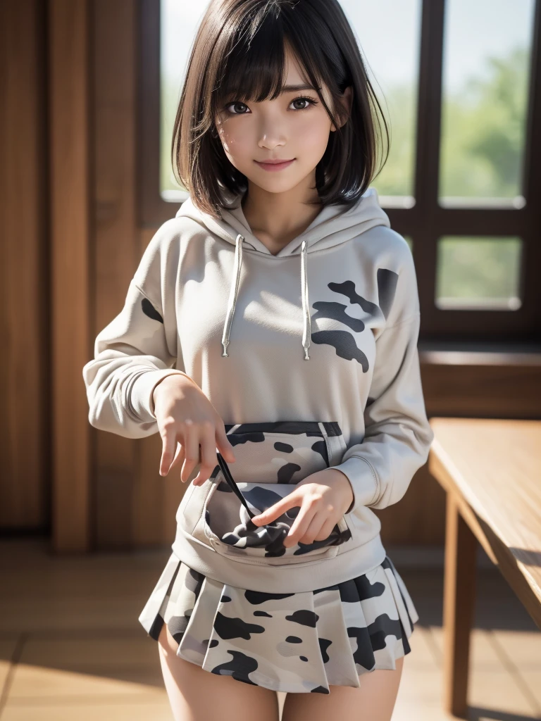 (8k, RAW Photos, highest quality, Tabletop:1.2), (Realistic, Photorealistic:1.4), (Highly detailed 8k wallpaper), Sharp focus, Depth of written boundary, Blur the background, Bokeh, Cinema Lighting, Soft Light, (whole body), 1 girl,18 years old famous Japanese idol, Perfect female body, indoor, (White and grey camouflage hoodie and black micro mini pleated skirt : 1.3), (Long, slender legs), (smile), Glossy lips, Beautiful fine details,Natural Makeup, Shiny and smooth light brown short bob hair, Asymmetrical bangs, Shiny skin, Center image, High resolution, Attention to detail, Detailed hairstyle, Detailed face, 素晴らしいCinema Lighting, Octane Rendering, Vibrant, Ultra-realistic, Perfect limbs, Perfect Anatomy