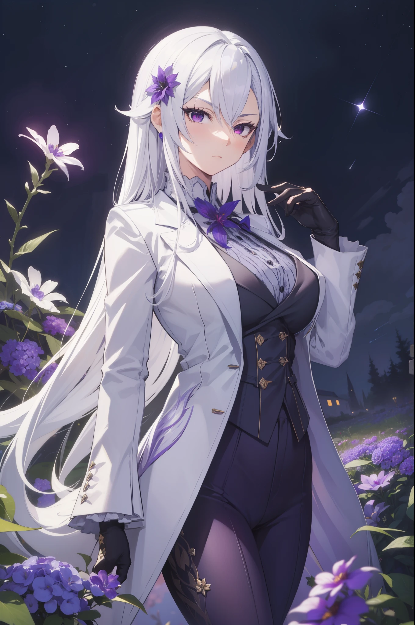 (best quality:1.3), (masterpiece:1.3), (illustration:1.3), (ultra-detailed:1.3), 1girl, solo, ((long hair, white hair, purple eye, purple flower pattern)), (((large breasts))), black pants, white suit, tailcoat, serious expression, tall, mature, elegant, black gloves, one hand on hip, purple flowers, looking at viewer, night sky, glowing purple flowers, nice hands, perfect hands, serious expression, tsurime,