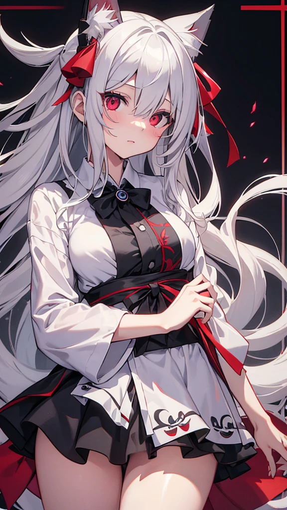 Highest quality I have long hair Gray Hair Konpaku Youmu Sagume Rare God Red eyes I don't have anything vampire Odd Eye kind Miko costume Cat ear Embarrassed Background Black Two people