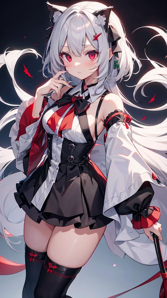 Highest quality I have long hair Gray Hair Konpaku Youmu Sagume Rare God Red eyes I don't have anything vampire Odd Eye kind Miko costume Cat ear Embarrassed Background Black Two people