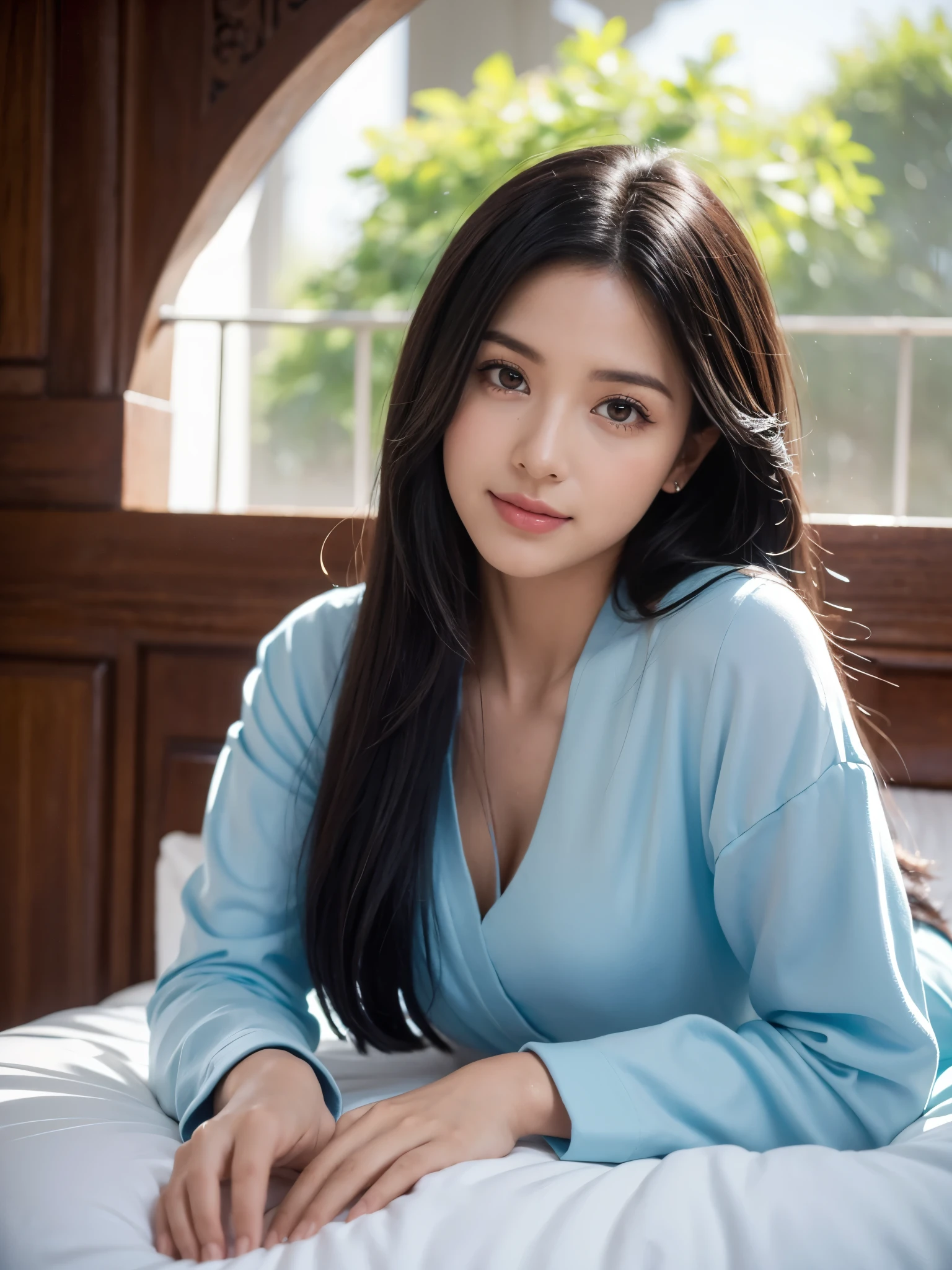 ((de primera calidad, 8K, masterpiece:1.3)), hermosa chica, puro, melon face, gentil y lindo, una dulce sonrisa, puro lust, Figura delgada, (La parte superior del cuerpo), (fachada), (cabeza inclinada), Look directly into the camera., Uniformes, Camisa blanca, falda azul, obi, Formal, pelo largo y liso negro y sedoso, Cabello largo que cae sobre los hombros., el gesto de peinarse, ojos grandes y redondos negros, ojos grandes y claros, labios rojos mojados, Dolce, sentado en el borde de una cama,  Fondo del umbral de la ventana,
