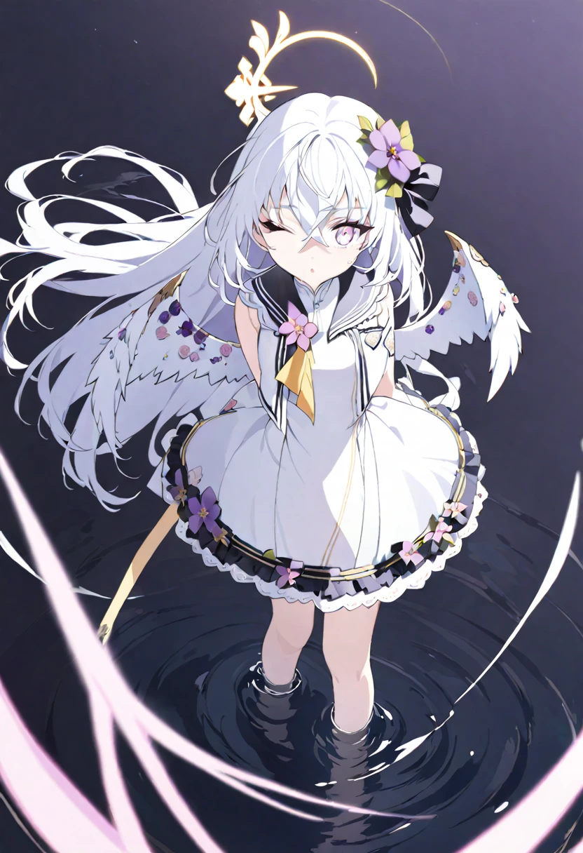 azusa \(blue archive\),1girl ;o ^^^ dress flower hair_flower hair_ornament halo long_hair one_eye_closed partially_submerged pink_eyes purple_flower simple_background sleeveless sleeveless_dress solo standing water white_background white_dress white_hair white_wings wings yellow_halo