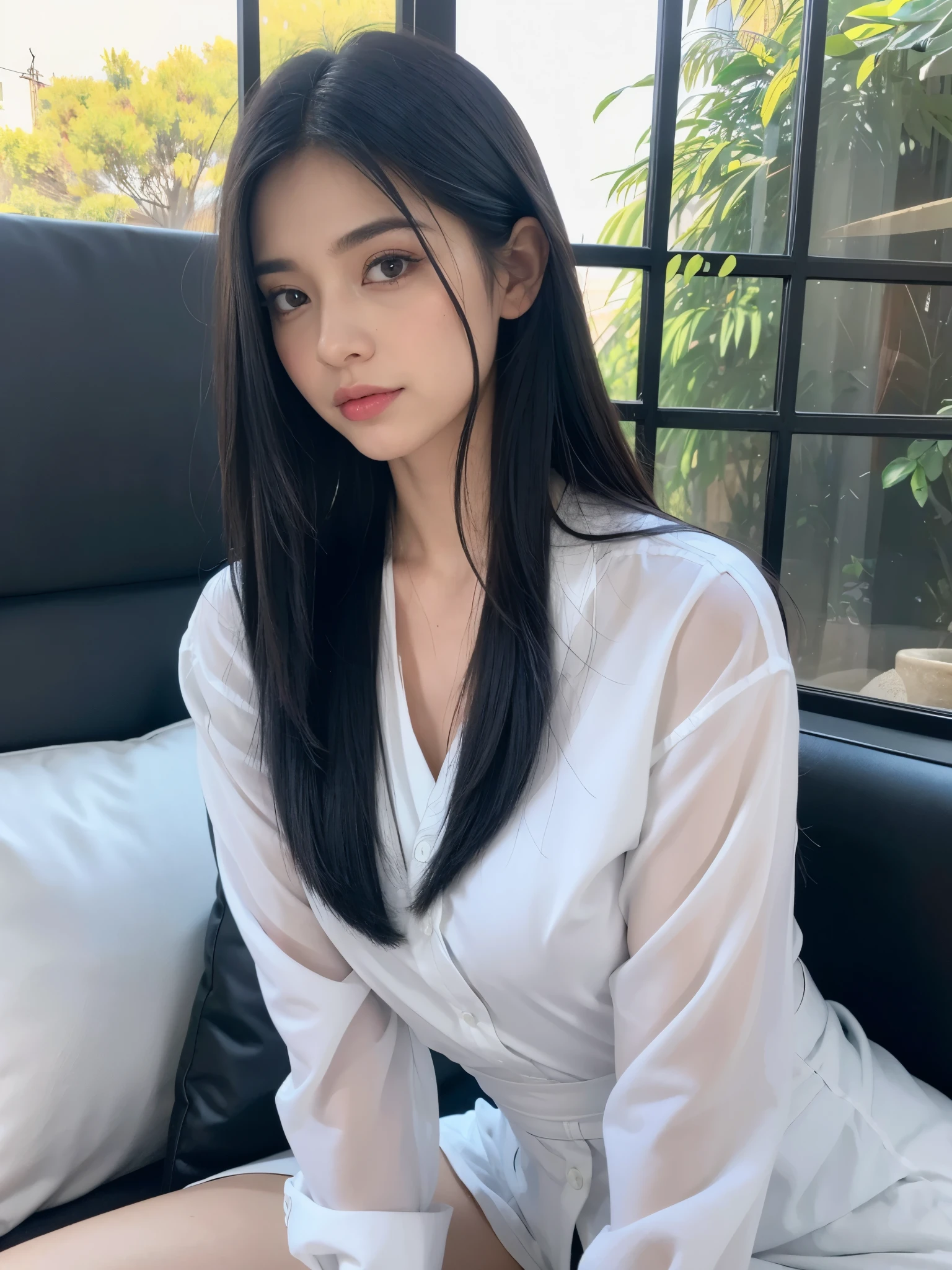 ((de primera calidad, 8K, masterpiece:1.3)), hermosa chica, puro, melon face, gentil y lindo, una dulce sonrisa, puro lust, Figura delgada, (La parte superior del cuerpo), (fachada), (cabeza inclinada), Look directly into the camera., Uniformes, Camisa blanca, falda azul, obi, Formal, pelo largo y liso negro y sedoso, Cabello largo que cae sobre los hombros., el gesto de peinarse, ojos grandes y redondos negros, ojos grandes y claros, labios rojos mojados, Dolce, sentado en el borde de una cama, Fondo del umbral de la ventana,