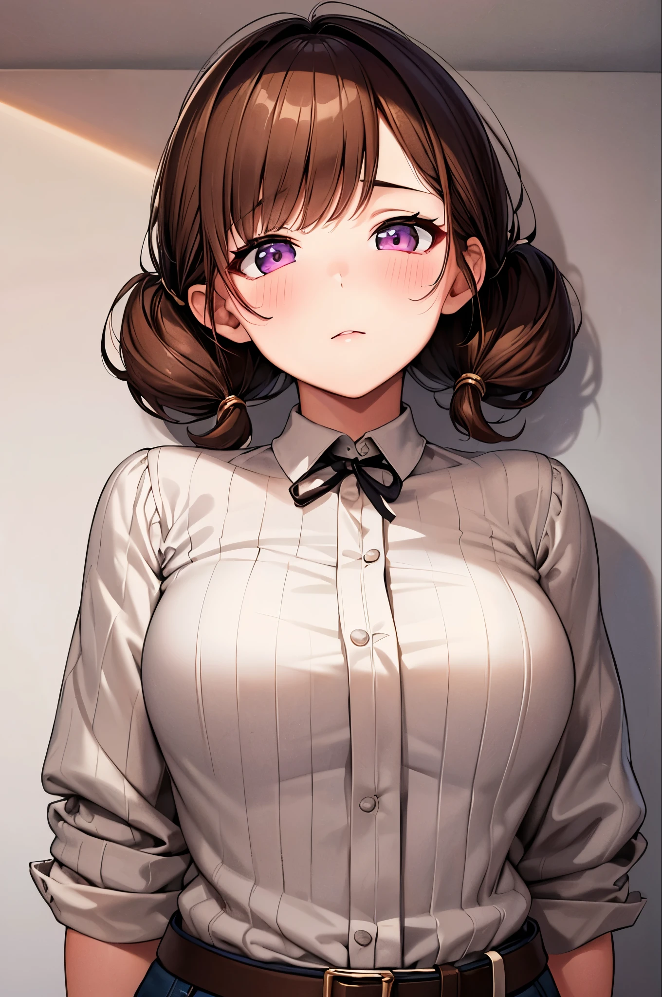 (One girl), masterpiece, highest quality, Ultra-fine illustrations, Very cute girl, Highly detailed beautiful face, View Viewer, One girl, belt, close, View Viewer, 4K, High resolution, ribbon,, blush,, Twin tail hair, White Background, Simple Background, Thick outline, Purple eyes, (sleep), Brown Hair, love expression, ((Brown Hair)),