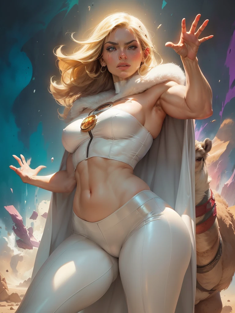 Cinematic. (((A comic style, cartoon art))). Emma Frost Posing for photo (((in epic heroic pose))) , wearing his iconic X-Men uniform, Showing the belly, , ((Wearing white pants and cape)) . (((Hot Body, camel toes))). ((((Abstract Comic background )))) , vivid colors, detailed, detailed face, realistic shadows and bright, glowing.