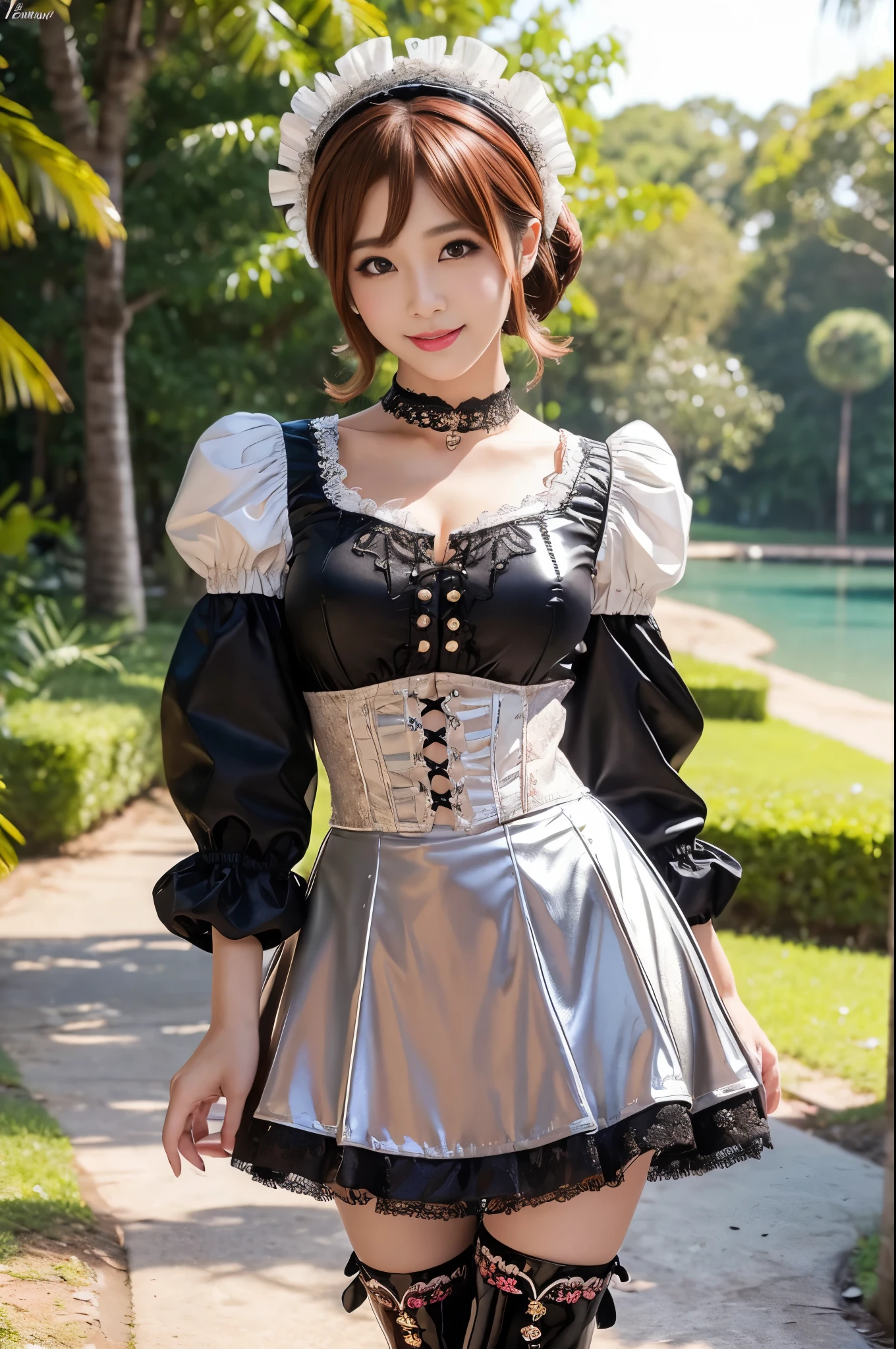 (nsfw), sexy stylish Thai model, only 1 female, ((doll-like appearance)), short Auburn stylish hair, ((shiny Victorian-Style boots)), (big smile), ultra detailed eyes, vivid eye makeup, lipgloss, long lashes, defined eyebrows, ((sexy Paradise Kiss cosplay)), bell-shaped skirt, petticoats, high neckline, puffed sleeves, ((ultra detailed lace)), ((ultra detailed embroidery)), intricate details, Paradise Kiss accessoires and matching headpiece, choker, ((large sparkling Paradise Kiss jewelry)), cinematic light, detailed large park background with trees