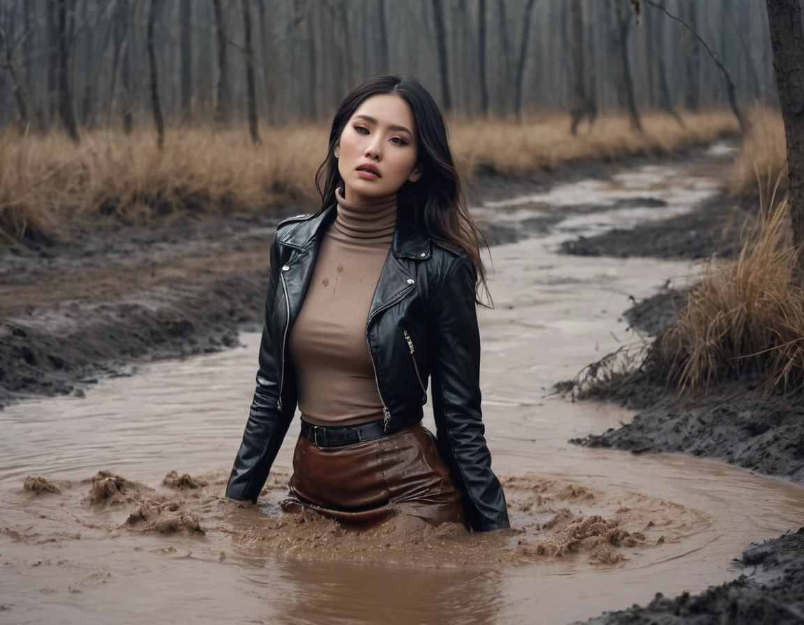 8k, ultra-detailed, grainy film photo, masterpiece,muted colors, muffled light, dusk:1.1, rainy, moody:1.1, noir, brown sweat turtleneck, faded leather jacket, pencil skirt, dry-humping action, gloomy orgasm expression, simulates intercourse:1.2, looking towards,woman drowning in forest mud bog, beautiful long brunette hair, depraved outfit,asian:0.5fetishistic makeup,beige, brown, red,