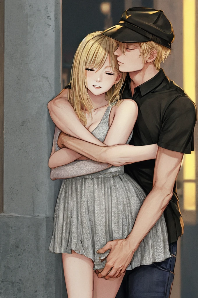 A blonde hair man hugging his black hair girlfriend